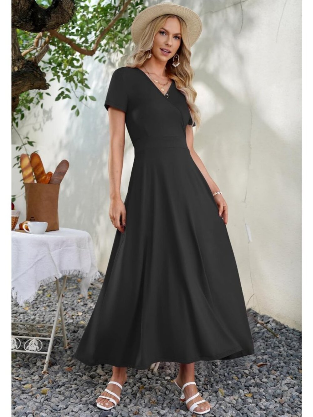 Women's Black V-Neck Short Sleeve Long Flowy Sundress Pull On Casual Maxi Dress - Picture 4 of 5